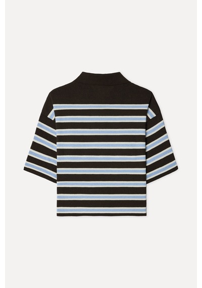 Mudo Kadın Kadın Kahverengi Çizgili Loose Fit Polo Yaka Kısa Kollu Kazak 1271367