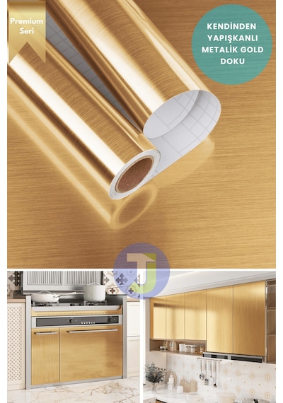 Technojet Kendinden Yapışkanlı Metalik Folyo Mutfak Banyo Tezgah Duvar Dolap Masa Kaplama 60cmx100cm Gold