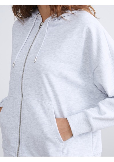 Lcw Vision Gri Kapüşonlu Oversize Kadın Fermuarlı Sweatshirt