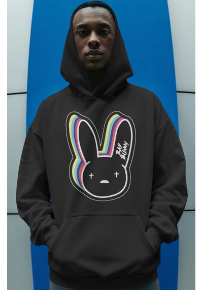Sevbano Bad Bunny Rapper Şarkıcı Ön Baskılı Unisex Oversize Premium Hoodi Siyah