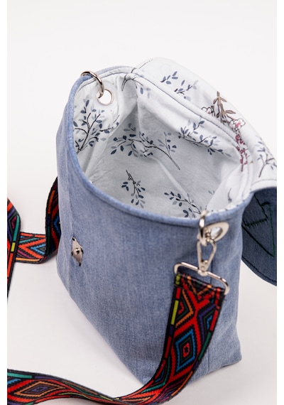Fabric Craft Bag Kadın Omuz Çantası Kot Kumaş Nakışlı Renkli Desenli Askılı 23x20 Cm Açık Denim