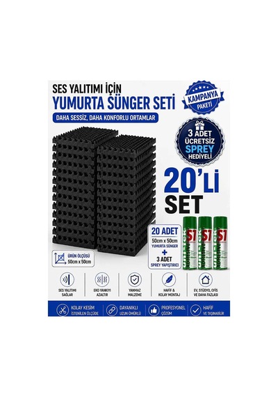 Akustik Yumurta Sünger 40mm 60 Dns Yanmaz 50x50cm 20 Adet + 3 Sprey Yapıştırıcı Bant Marketim