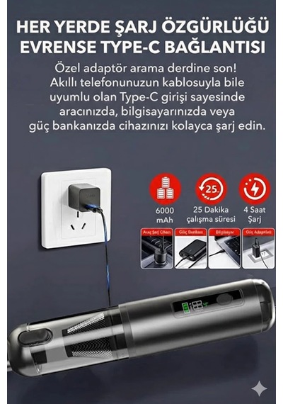 Araç Süpürgesi Şarjlı 120w 20.000pa Göstergeli Yeni Nesil Metal Filtre Extra Vakum Ve Üfleme Aklby-bsva58