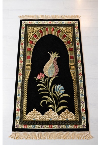 Astarlı Lale Desenli Seccade & Kristal Tesbih Seti Siyah