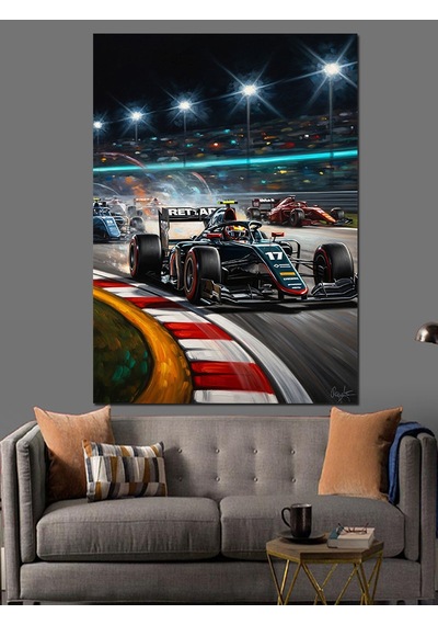 Ahşap Tablo Gece Yarısı Yarış Pisti Ve Formula 1 Arabaları Çocuk Odası Tabloları