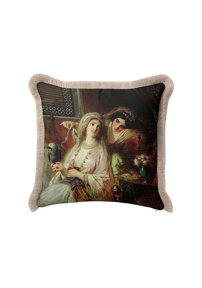 Saray Esintili Saçaklı Yastık Kılıfı - Osmanlı Vintage Salon Bej Püsküllü Kırlent Kılıfı Taş Fıstık Yeşili