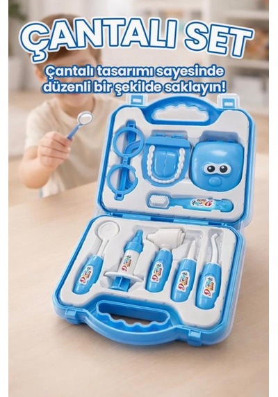 Minik Diş Hekimi - Çantalı Gözlüklü 9 Parça Dişçi Ekipman Ve Alet Eğitici Oyuncak Seti Mavi