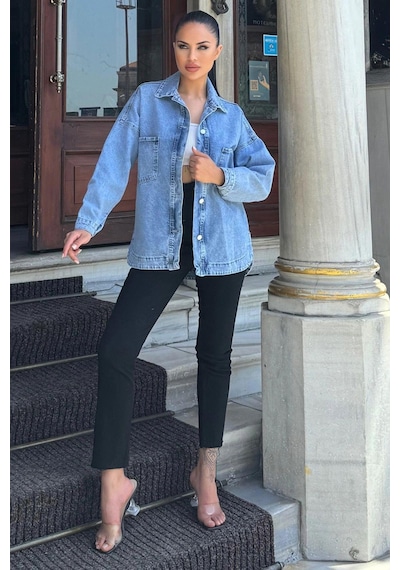 Mavi Oversize Kot Cepli Düğmeli Ceket Gömlek Açık Mavi