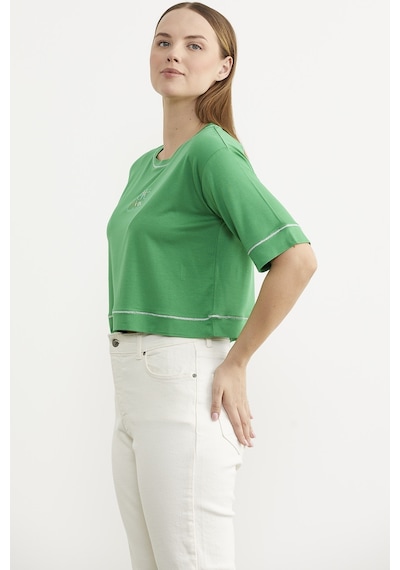 Sim Detaylı Oversize Crop Tişört - Yeşil Çok Renkli