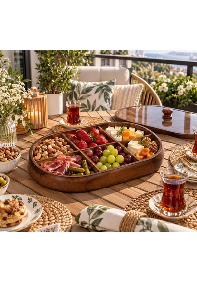 6 Bölmeli Kapaklı Şık Oval Akasya Çerezlik Ahşap