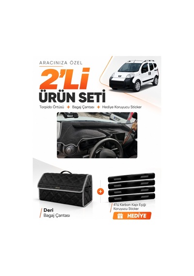 E-biz Peugeot Bipper Tam Kapalı 2007-2020 Uyumlu Torpido Örtüsü + Deri Çanta - Siyah-gri - Pe019