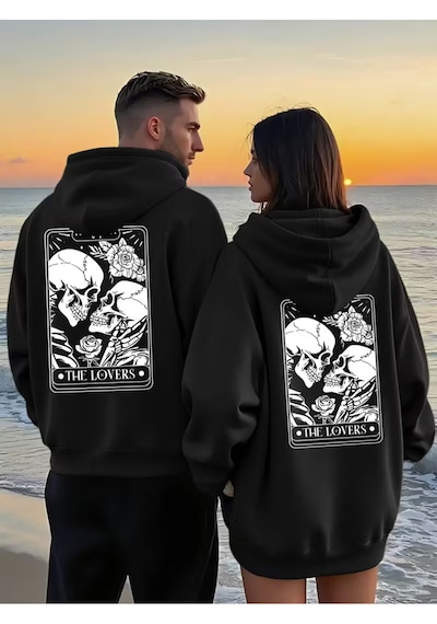Nevermind Sevgili Çift Kombini 2 Li The Lovers Baskılı Unisex Oversize Swea Siyah