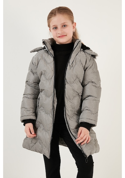 Lela Peluş Astarlı Yakası Suni Kürklü Çıkarılabilir Kapüşonlu Kışlık Kız Çocuk Mont 5761905 Silver