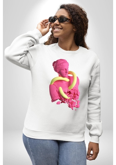 Pop Art Yaratıcı Heykel Pembe Unisex Beyaz Sweatshirt Beyaz