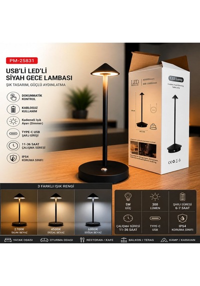 Powermaster Siyah Dokunmatik Ve Şarj Edilebilir Led Gece Lambası Çalışma Masası