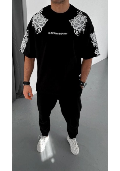 Moda Assema Erkek Baskılı Kısa Kol T-shirt - Siyah Çok Renkli