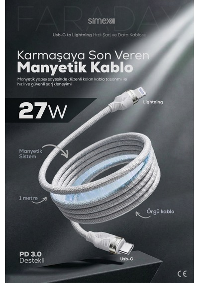 Simex 27W Type-C to Lightning Mıknatıslı Manyetik Şarj ve Data Kablosu SPK-13