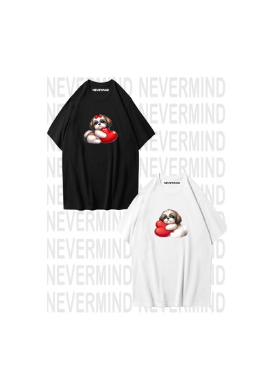 Nevermind Sevgili Kombini Sevimli Köpek Ve Kalp Baskılı Oversize Unisex Çif Siyah