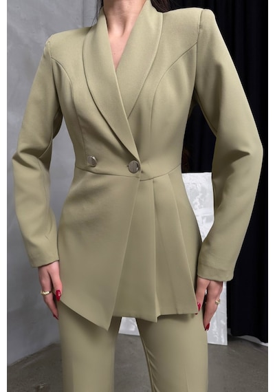 Msm Fashion Kadın İkili Blazer Ceket Pantolon Takım Pile Ve Düğme Detaylı Boru Paça Açık Haki