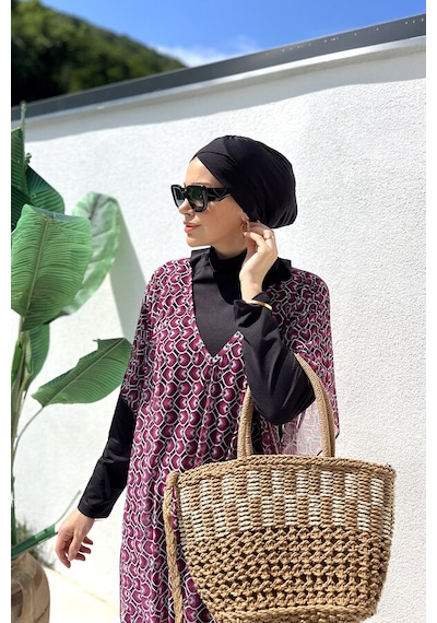 Remsa Tesettür Mayo Üzerine Desenli Tek Kaftan Pareo 430-306 Fuşya Fuşya