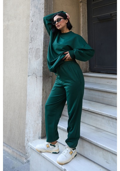 Mezka Regular Fit 2'li Takım Sweatshirt Beli Lastikli Jogger Eşofman Altı Yeşil