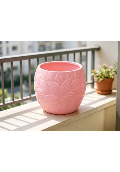 3d Baskı Yapraklı Desenli Yuvarlak Saksı Tepsili Süzdürmeli Bitki Saksısı 15 Cm Dekoratif Çiçek - Pembe Diğer