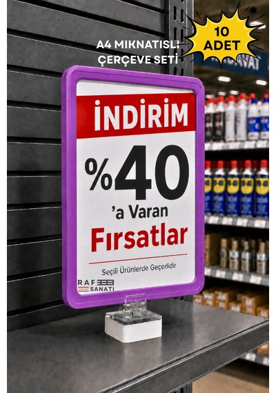 10 Adet - A4 Güçlü Mıknatıs Tutuculu Fiyatlık Etiketlik Dikey Yatay Ve Bilgilendirme Çerçevesi Mor