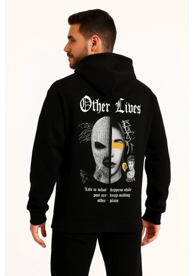 Vinevesta Erkek Kapüşonlu Kanguru Cepli Sweatshirt 3 İplik Pamuklu Baskılı Hoodie - Siyah Çok Renkli