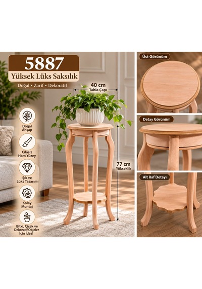5887 Yüksek Lüks Saksılık 77 Cm Cilasız Ham Ahşap Dekoratif Çiçeklik Standı, Boyanabilir Yuvarlak Saksı Sehpası 40x40x77 Cm Diğer