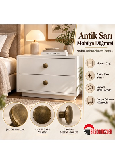 Haskan Yuvarlak Düğme Kulp Antik Sarı