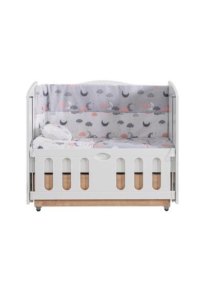 Beşik, Mini Çekmeceli Korkuluklu Sallanan Beşik 60x100 Cm - Beyaz Ceviz Çok Renkli