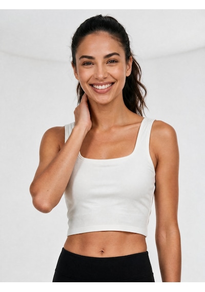 Nealirsanall.com Kadın Tencel Göğüs Kaplı Crop Atlet - Kare Yaka Krop Top Ekru