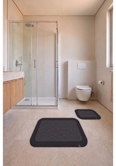 Banyo Paspası Takımı 70x110+50x70 Cm Düz Antrasit Gri & Siyah