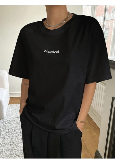 Kadın Siyah Oversize Classical Baskılı Örme T-shirt Siyah