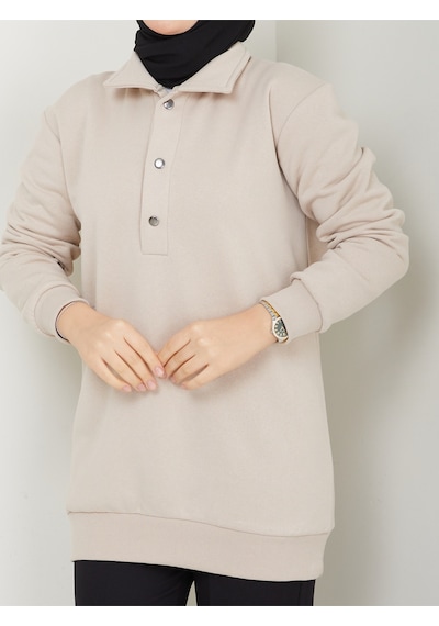 Raika Moda Kapşonlu 3 İplik Büyük Beden Tesettür Sweatshirt Bej