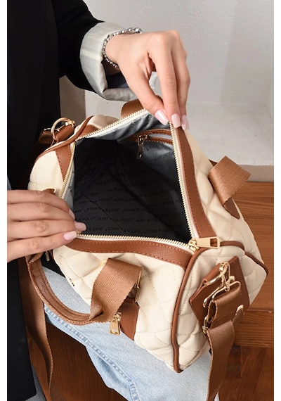 Just Polo Kadın Günlük Kullanıma Uygun Ayarlanabilir Askılı Büyük Boy Lüks El & Omuz Çantası Shoulder Bag Krem Kahverengi