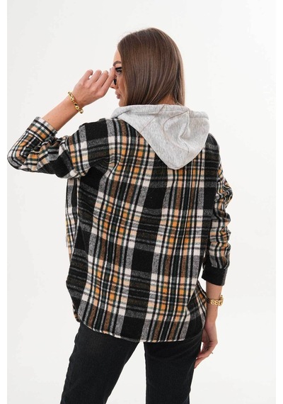 Polologin Butik Kadın Siyah Beyaz Sarı Çizgili Kapşonlu Gömlek Siyah