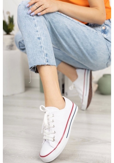 Unisex Spor Ayakkabı Beyaz Kısa Keten Sneaker Beyaz