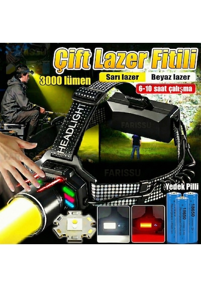 4 Pilli Set 3000 Lümen Çift Işık Sarı/beyaz Şarjlı Kafa Feneri - Sensörlü, Type-c Ve Yedek Pilli Siyah