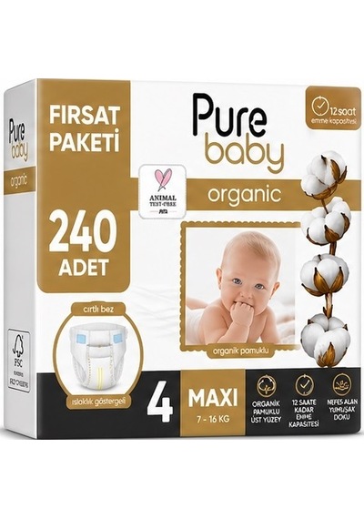 Pure Baby Organik Bebek Bezi 4 Beden 7-16 Kg Maxi 240 Adet 4 Numara