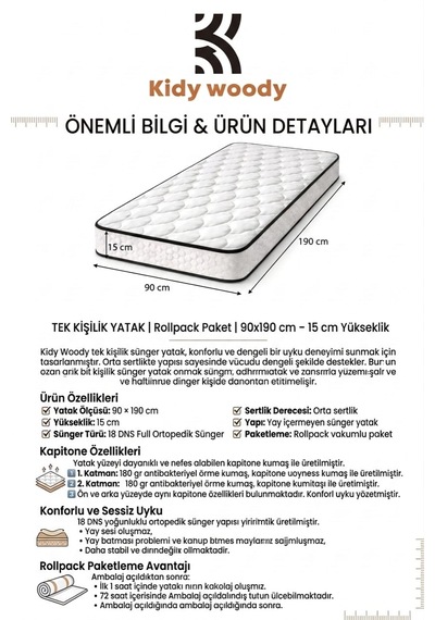 Kidy Woody Tek Kişilik Ortopedik Sünger Yatak 90x190 Cm 15 Cm Yükseklik Rollpack Paket 90 X 190