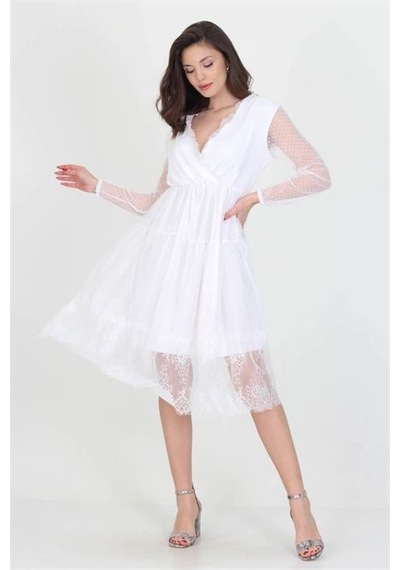 Dip Moda Kadın Kruvaze Yaka Eteği Güpürlü Elbise Dpnb0010 Beyaz