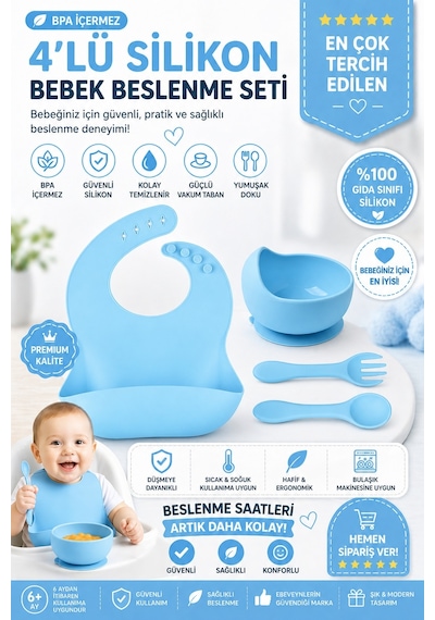 Jojobebek Çocuk Silikon Mama Önlüğü, Silikon Vakumlu Kase, Silikon Kaşık Ve Çatal / Mavi