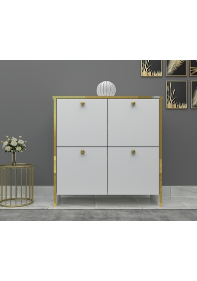 %100 Mdf 2 Kapaklı Küp Altın Sarısı Desenli Gövdeli Ayakkabılık Beyaz