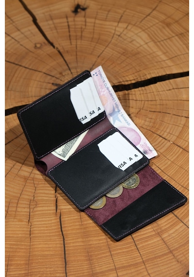 Lenax Leather Lena Hakiki Deri Kadın Cüzdan Nakit Para Gözlü, Bozuk Para Gözlü, 12 Kartlık Siyah - Mürdüm