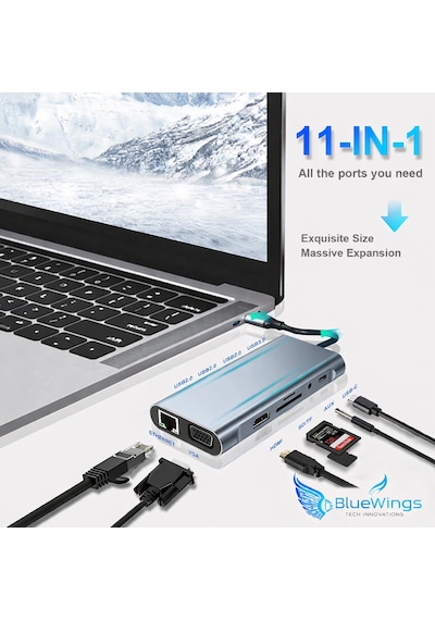 Apple Uyumlu Macbook Pro Air Type C Hub Pd Şarj Hdmı Sd Network Vga Girişli 11 İn 1 Çevirici Dönüştürücü Çoklayıcı Lan+type-c+sd Card+usbx4+audio+hdmı+vga