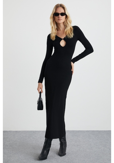 Ethıquet Lurvın Kadın Viscon Likralı Dekolte Yaka Vücüdü Saran Bodycon Maxi Siyah Elbise