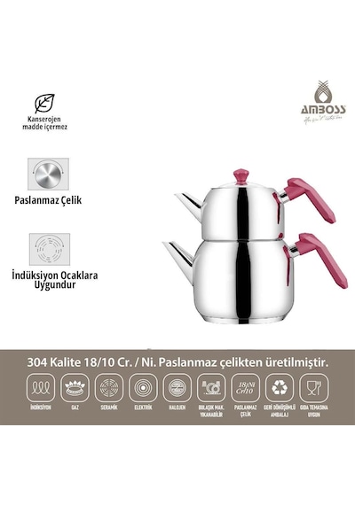 Opal Cam Kapaklı Çelik Çaydanlık Takımı Bordo Gümüş