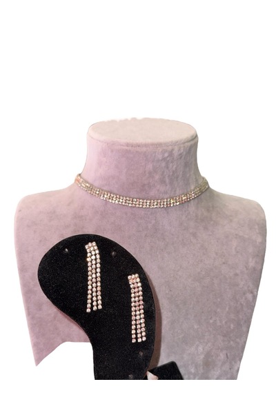 Kırmızı Sanat Evi Full Taşlı Üç Sıra Parlak Choker Kolye ve Küpe Seti Gümüş
