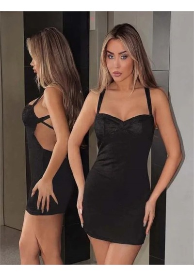Angbutik Şık Tasarım Sırt Dekolteli Siyah Mini Club Elbisesi